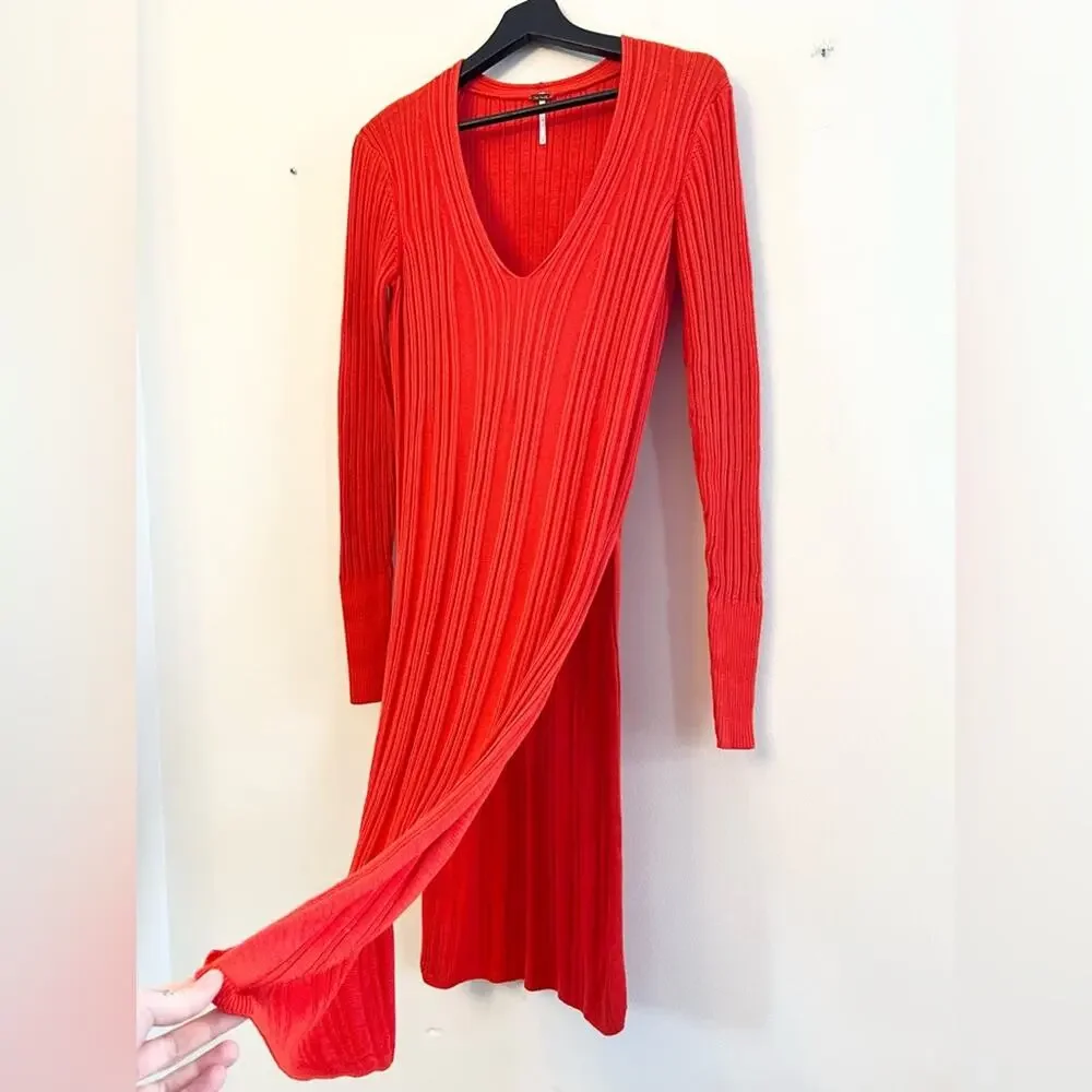 FREE PEOPLE red orange Ribbed Knit dress tunic V-neck Side Slit Sweater cotton